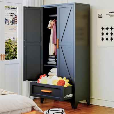 71 Farmhouse Metal Wardrobe Closet with Hanging Rod, 2 Barn Doors, Adjustable Shelves, Steel Armoire with Drawer for Home, Bedroom Black