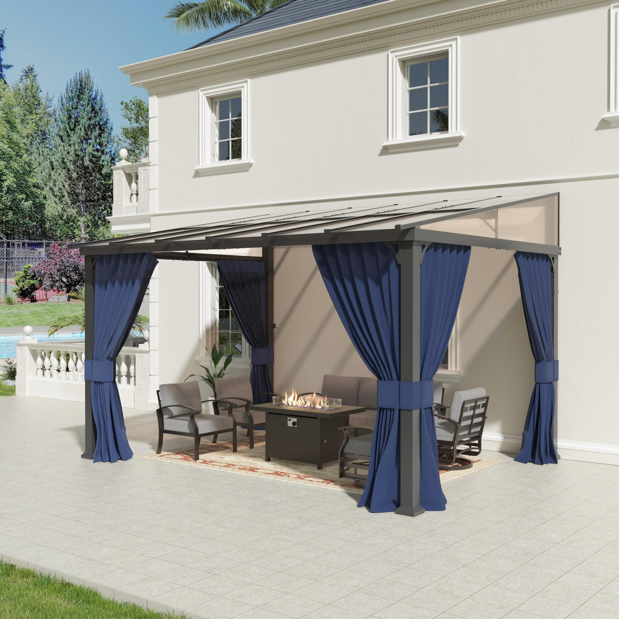 Trumbeak 10’ x 12’ Gazebo for Patio,Wall Mounted Gazebo with Sloping Polycarbonate Roof,Outdoor Gazebo w/Netting & Curtain,Aluminum Frame Hardtop Gazebo for Garden,Deck,Backyard,NavyBlue Trumbeak
