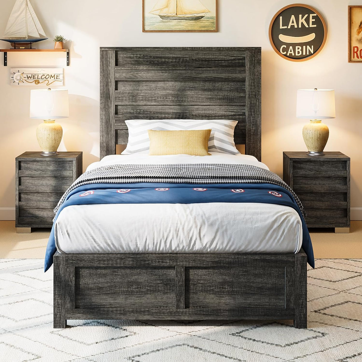 AMERLIFE Farmhouse Twin Platform Bed Frame with 49" Fluted Headboard, Wooden Bed with Natural Grain Finish, Noise-Free, No Box Spring Required, Easy Assembly, Grey AMERLIFE