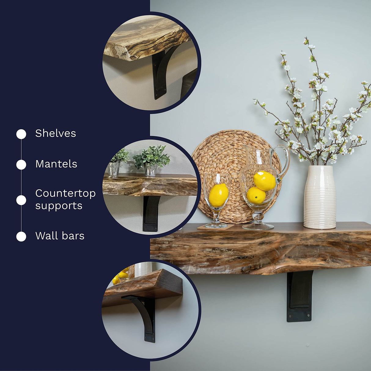 RRD Steel Mantel Brackets Heavy Duty (2 Pack) Fireplace Mantel Brackets - Countertop Support Bracket - Hand Welded Steel Bracket - Mantel Bracket Rustic Farmhouse Décor (6"x7"x2", ¼” Natural Steel) Rustic Red Door Co.