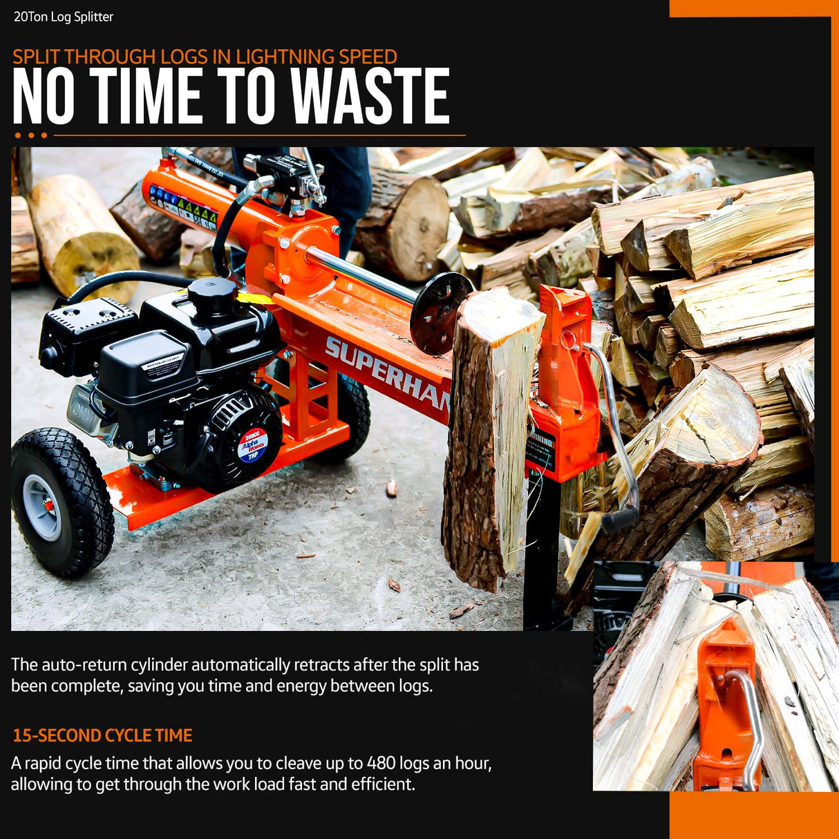 SuperHandy Log Splitter, 20 Ton, Gas Powered 7 HP Engine, Automatic Wood Splitting Wedge Machine, Commercial Quality for Fireplace Burning firewood SuperHandy