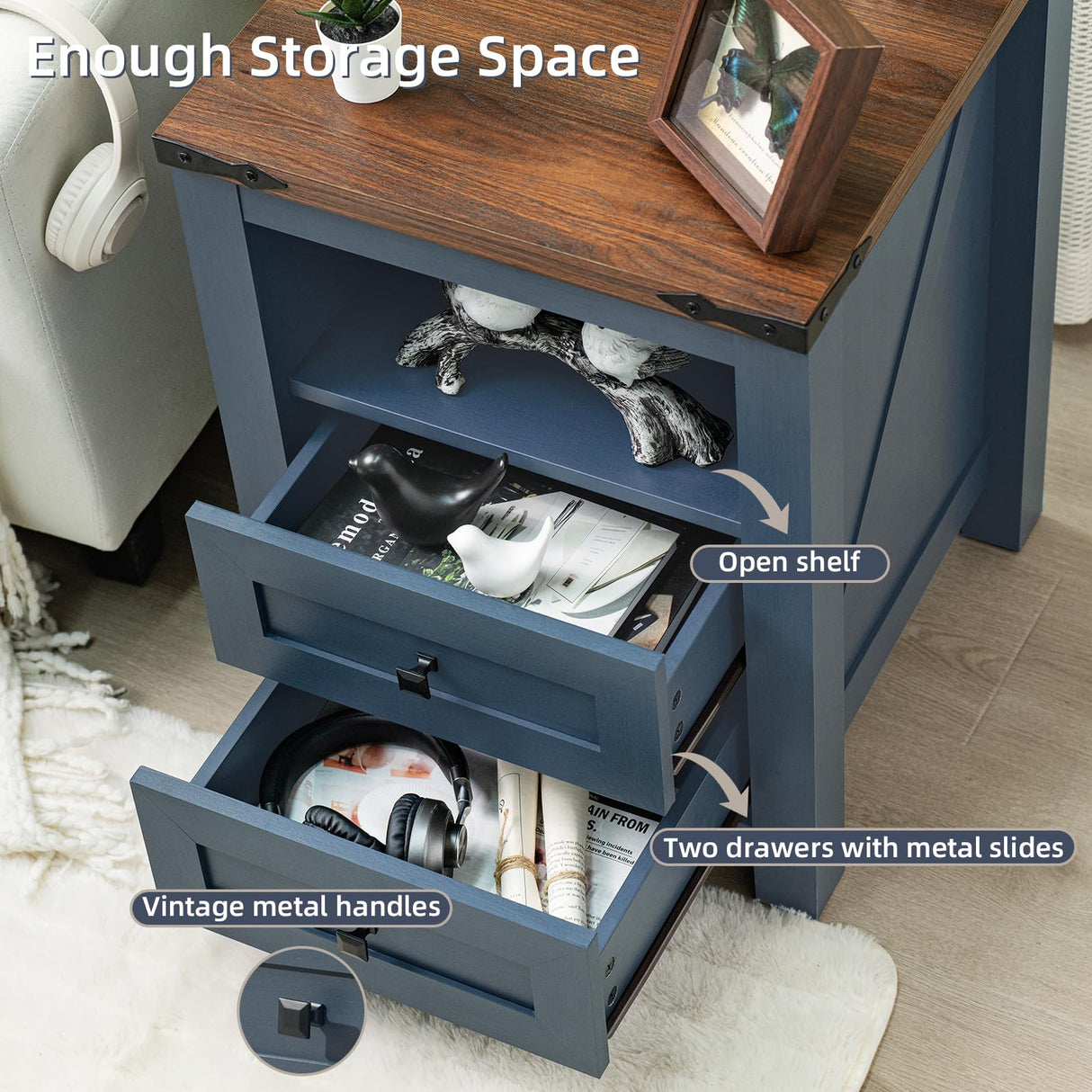 Joaxswe Nightstand with Charging Station, Farmhouse Night Stand with 2 Drawers and Shelf Storage, Blue Wooden Side End Table, Bedside Cabinet for Bedroom, Living Room, Closet,Office Joaxswe