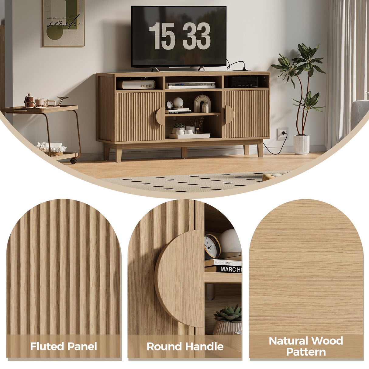 IRONCK TV Stand for 65 Inch TV, 59 Inch Entertainment Center with Storage and Charging Station, Modern Media Console with 3 Adjustable Shelf, Fluted Doors Design, Natural Oak IRONCK