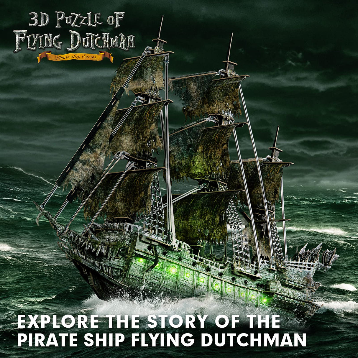 CubicFun 3D Puzzles for Adults Green LED Flying Dutchman, 360 Pieces Pirate Ship Arts & Crafts for Adults Gifts for Men Women Model Kit, Lighting Ghost Ship Easter Gifts Valentine's Day Gift CubicFun