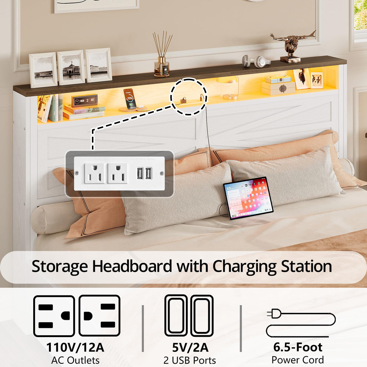 IRONCK Farmhouse Queen Size Bed Frame with LED Light and Charging Station, Wood Bed Frame with Storage Headboard and 2 Drawers, Barn Door Design, Sturdy and Noiseless, White IRONCK