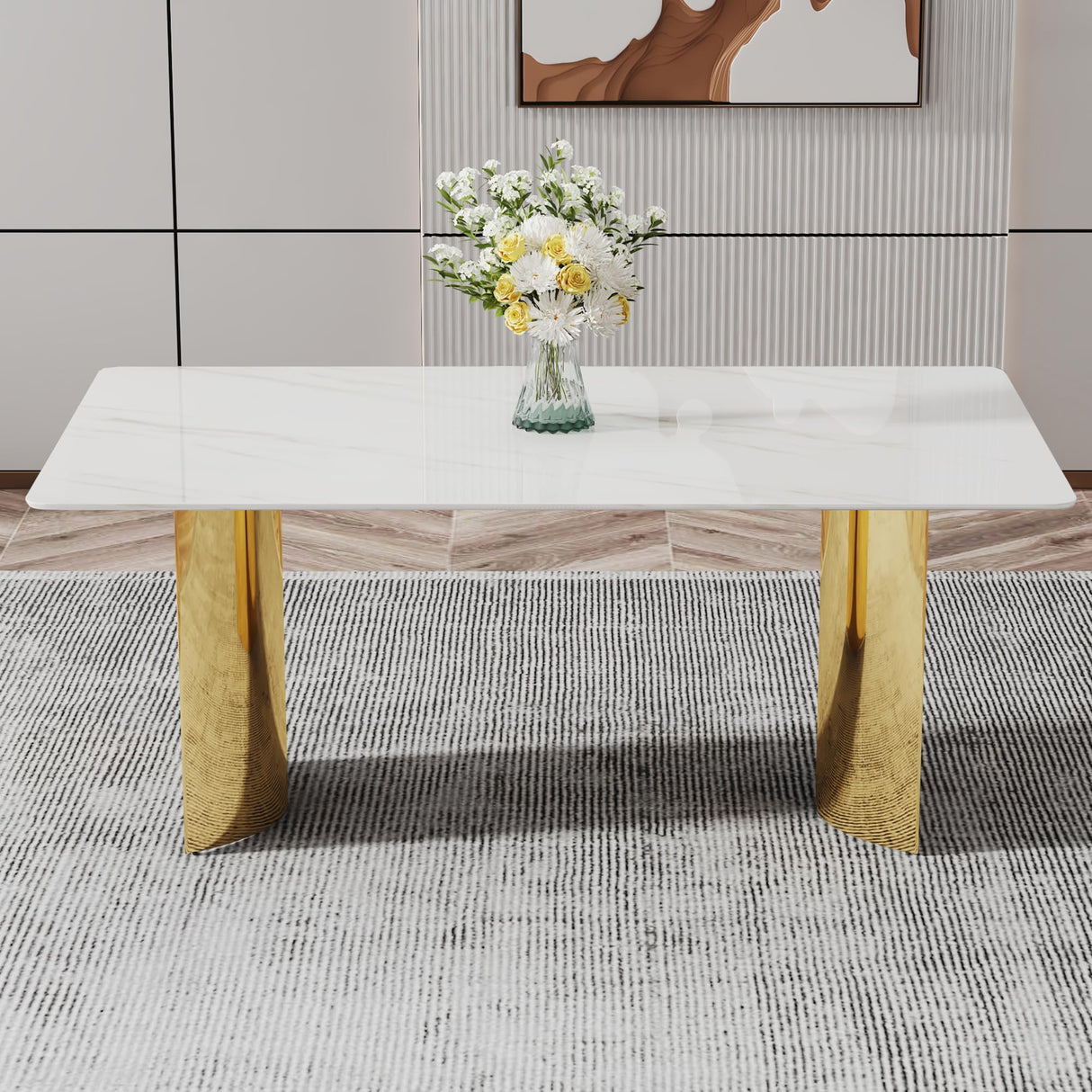 Modern Dining Table for 8,White Marble Kitchen Table with Golden Stainless Steel Base,71'' Gold Dining Table Ideal for Kitchen Dining Room gopop