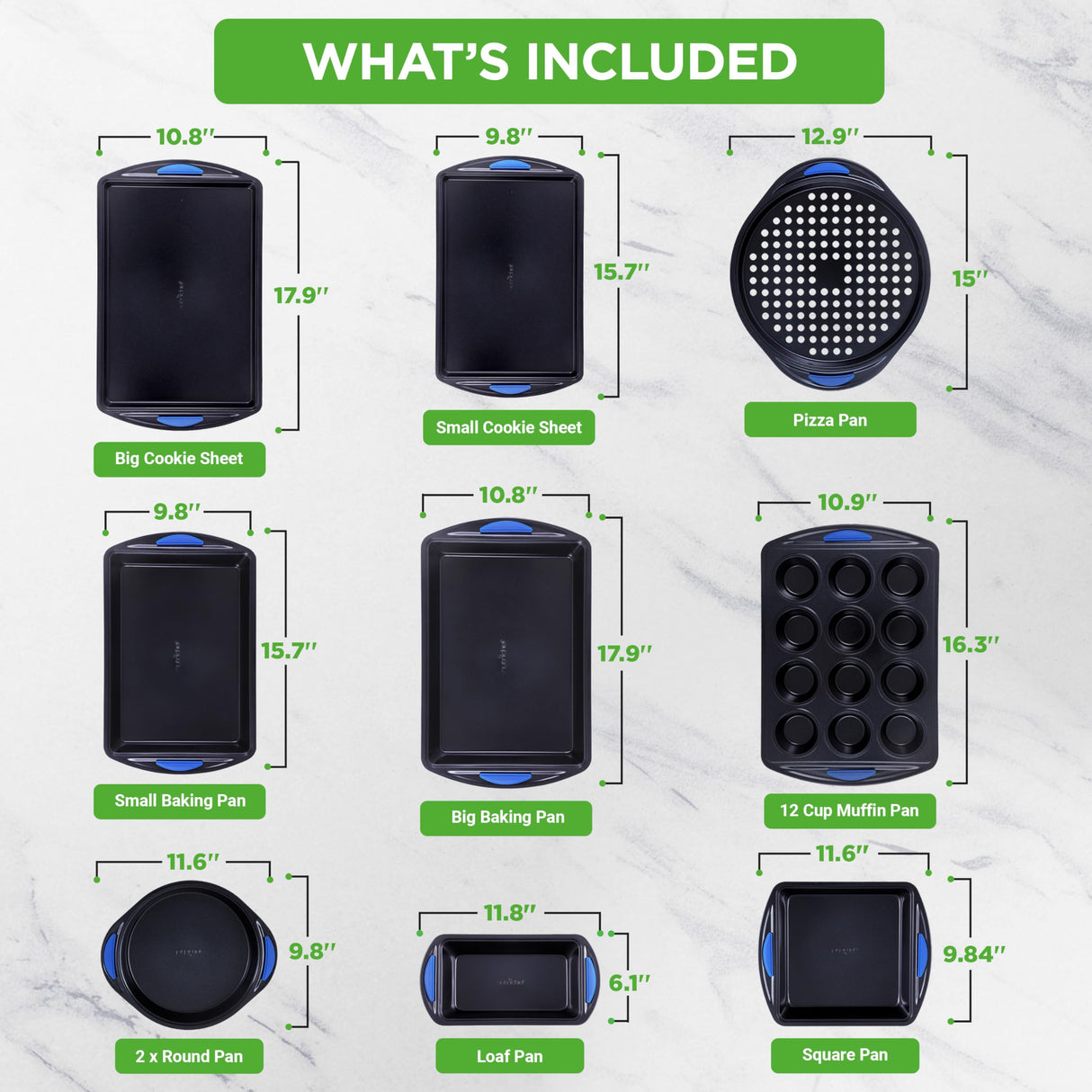 NutriChef 10-Piece Nonstick Bakeware Set - Heavy Duty Carbon Steel Baking Trays w/Silicone Handles - Includes Cookie Sheets, 12-Cup Muffin Pan, Pizza & Loaf Pan, Round & Square Pans - Easy to Clean NutriChef