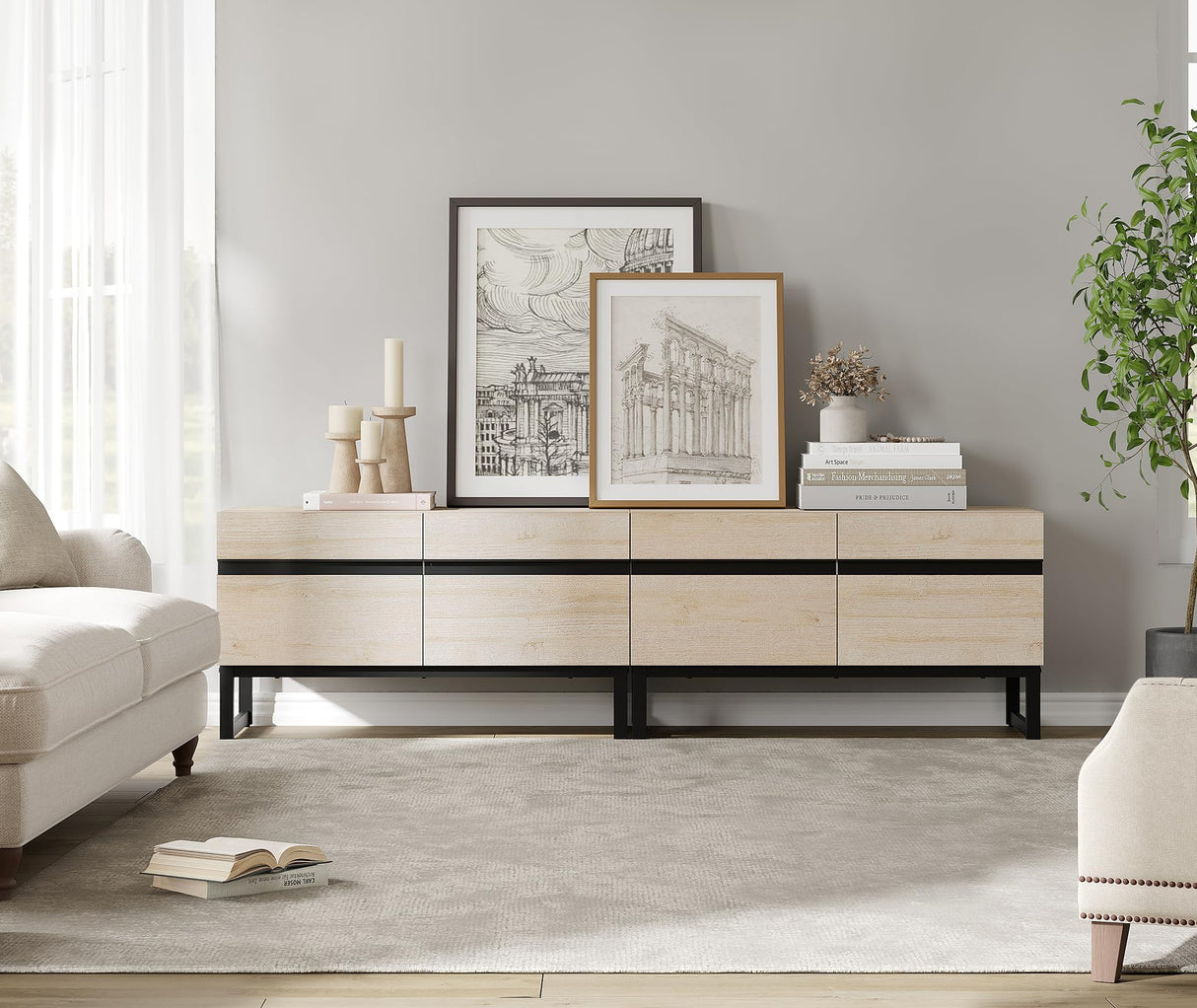 WAMPAT Modern TV Stand for TVs up to 75 inch, 2 in 1 Entertainment Center TV Console with Storage Cabinets and Metal Base,Media Console for Living Room,Light Oak WAMPAT