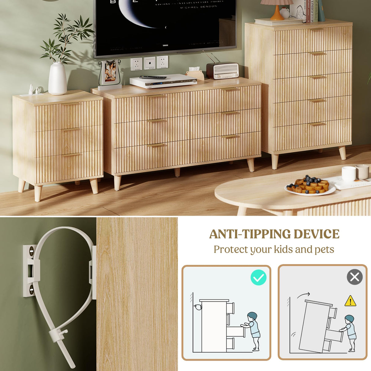 Lulive Dresser for Bedroom Wood Tall Dressers Drawers, Fluted Modern Dresser 5 Drawers Natural Lulive