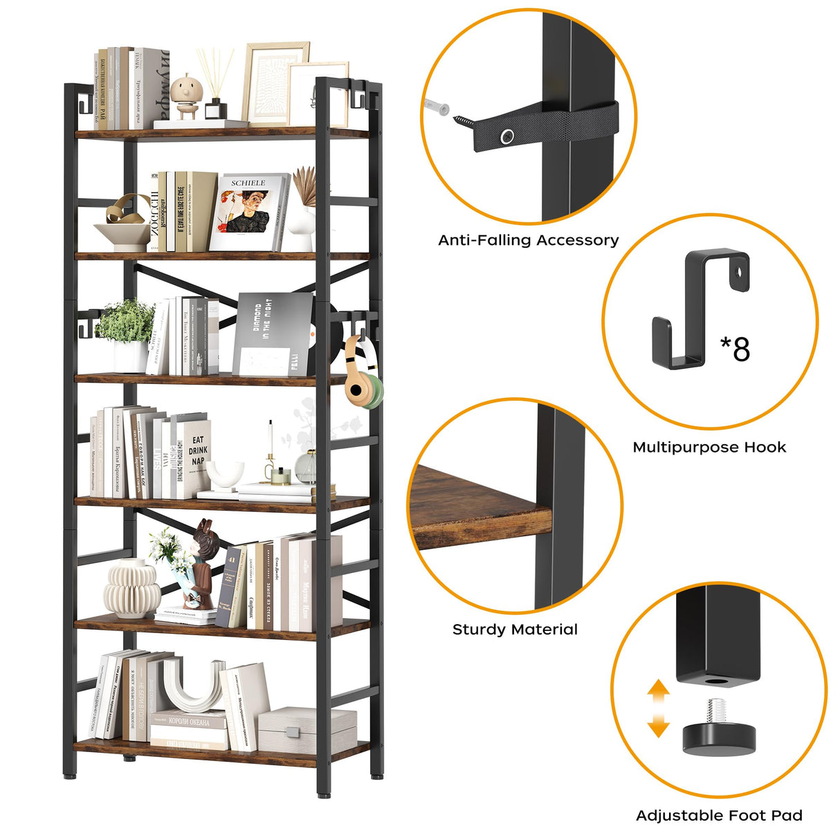 6 Tier Bookshelf, Industrial Bookcase with 8 Hooks, Vintage Storage Rack with Open Shelves, Rustic Standing Bookshelves Metal Frame Display Rack for Living Room, Bedroom, Rustic Brown Homeiju