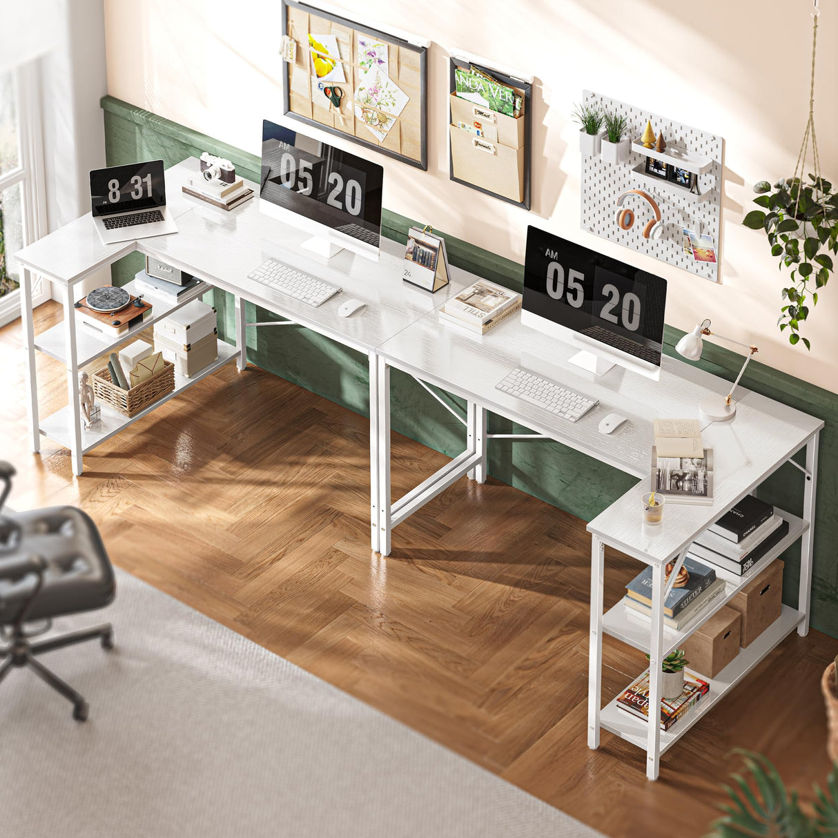 Huuger L Shaped Desk, 47 Inches Computer Desk with Reversible Storage Shelves, Gaming Desk, Corner Desk Home Office Desks, Writing Desk Study Desk with Metal Frame, White Huuger