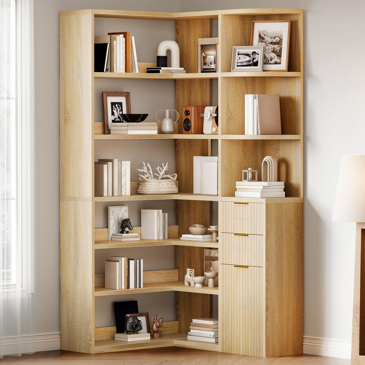 YITAHOME Corner Bookshelf with Storage, Fluted 6-Tier Bookshelf with Drawers and Cabinets L-Shaped Bookcase LED Lights Corner Display Shelf for Home Office, Living Room, Bedroom YITAHOME