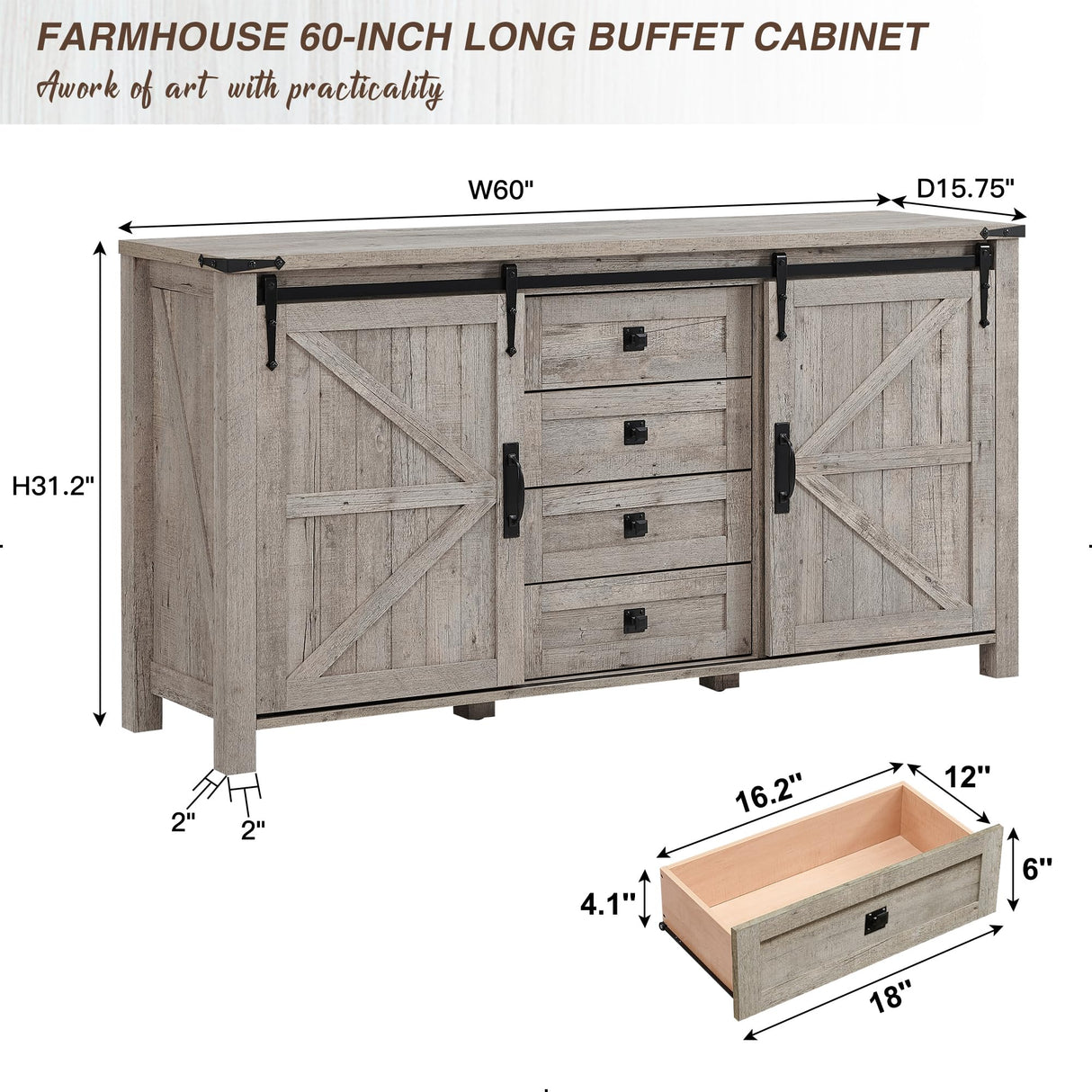 Rustic Oak Farmhouse Buffet Cabinet with Sliding Barn Doors and 4 Drawers - 60" Storage Solution T4TREAM