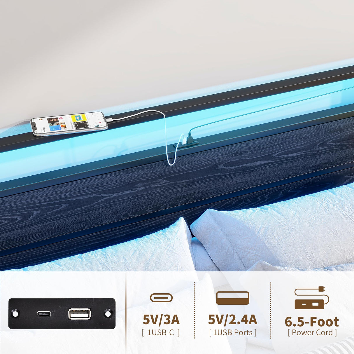 HOJINLINERO Queen Bed Frame with Headboard, LED Lights & Charging Station - Heavy Duty Metal Platform Bed HOJINLINERO