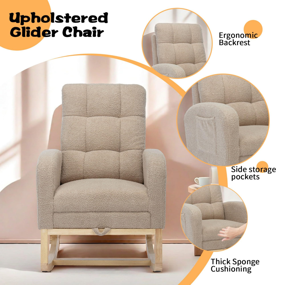 Hevaotry Nursery Rocking Chair with Adjustable Footrest for Living Room,Teddy Fabric Rocking Chair with Solid Wooden Legs,Comfortable Lounge Armchair with Side Pockets and High Backrest(Light Coffee) Hevaotry