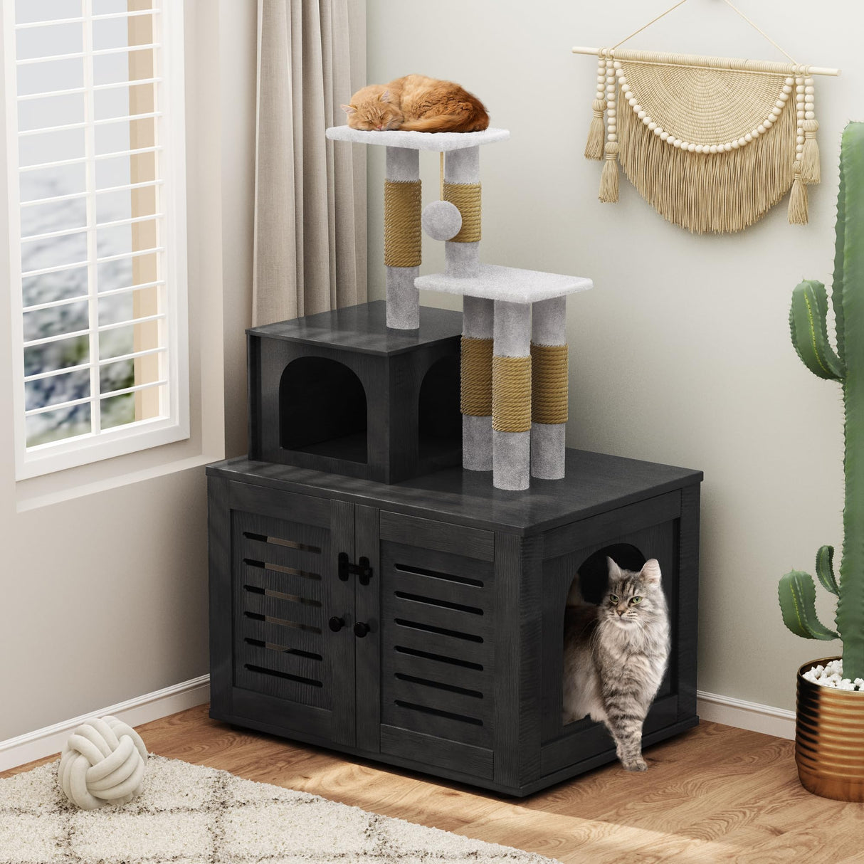 DKLGG Large Wooden Cat Tree House with Hidden Litter Box Enclosure | Multi-Functional Cat Furniture Featuring Sisal Scratching Post, Plush Perch Platform & Divided Condo for Indoor Cats (Black) DKLGG