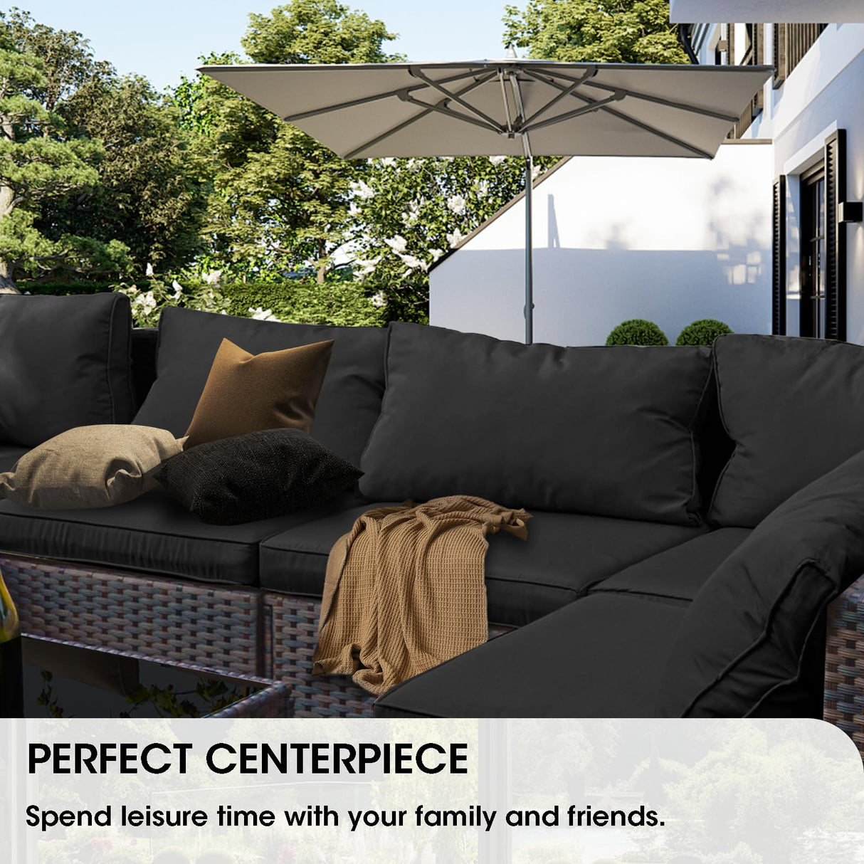 Grezone 7 Piece Patio Furniture Set with 44" Fire Pit Table, Outdoor Sectional Couch, PE Rattan Patio Conversation Sets with 4inch Cushions for Backyard Black (BK) Grezone