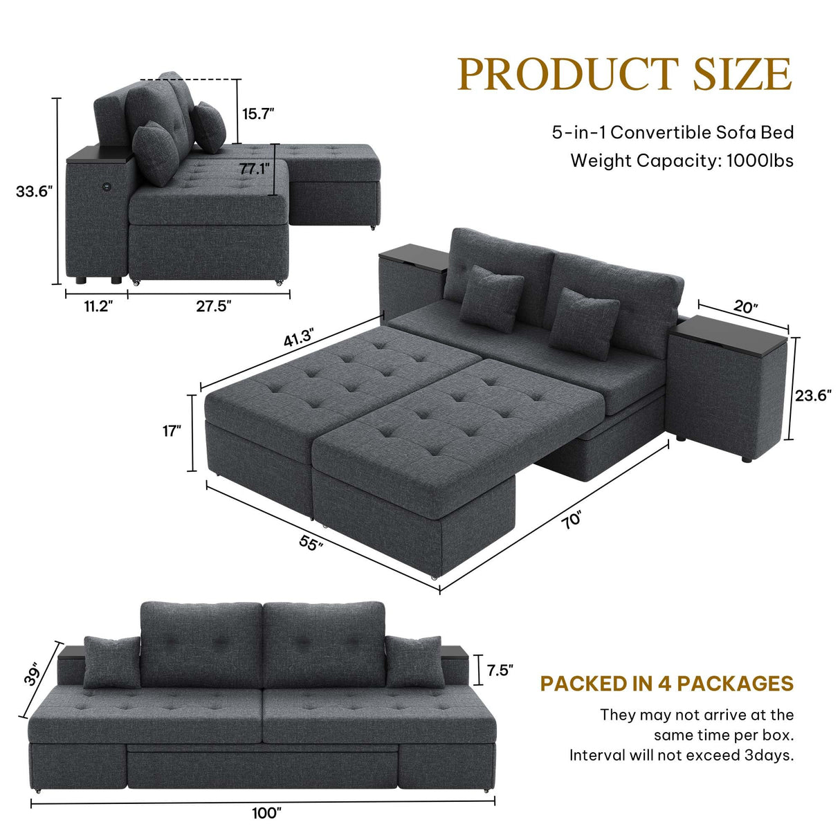 YITAHOME Queen Size Sleeper Sofa, 5-in-1 Convertible Sofa Bed Couch with 2 Storage Cabinets and USB Ports, 100" Sectioanl Sofa Couch with 2 Throw Pillow for Living Room, Grey Linen Fabric YITAHOME