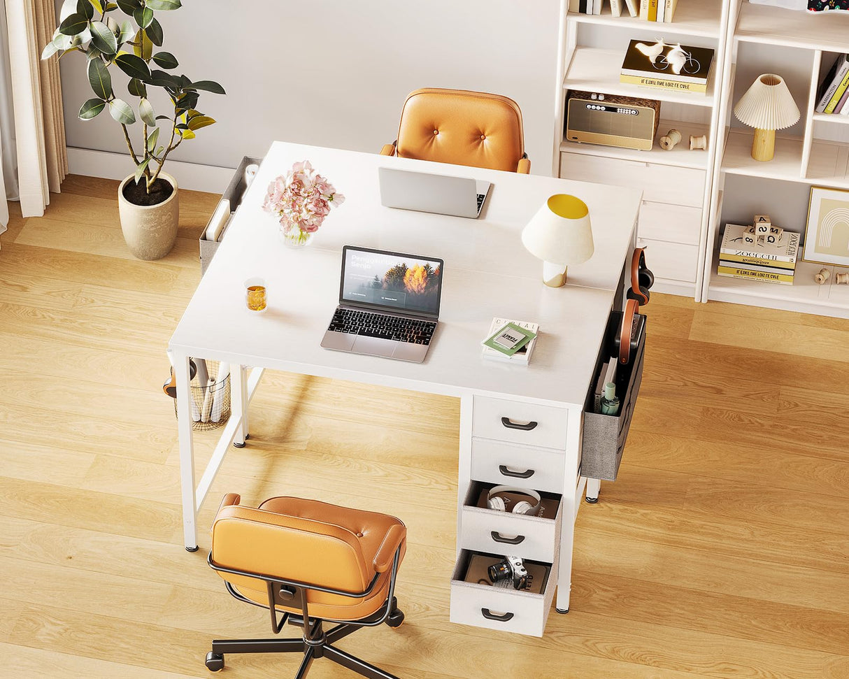 Casaottima 32 inch Small Computer Desk with 4 Fabric Drawers, Side Hook and Cloth Bag, Kids Study Table for Bedroom and Small Space, Pure White Casaottima