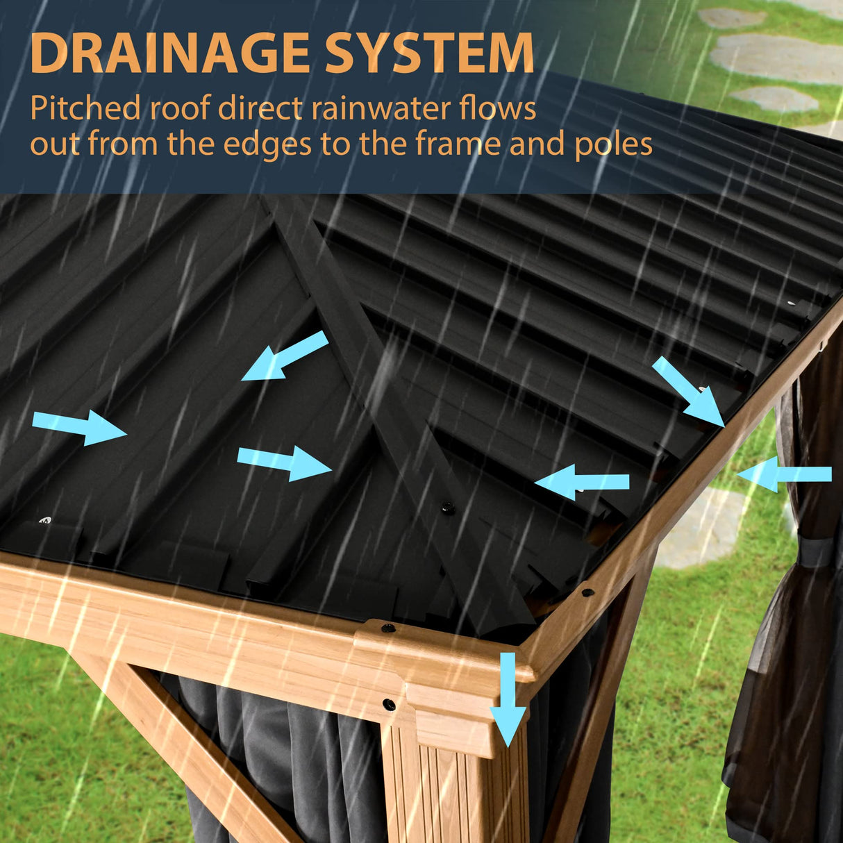HAPPATIO 12' x 16' Hardtop Gazebo, Outdoor Wood-Grain Frame Aluminum Gazebo with Galvanized Steel Double Roof,Patio Gazebo Canopy with Netting and Curtains for Patio, Deck,Backyard (Gray) HAPPATIO