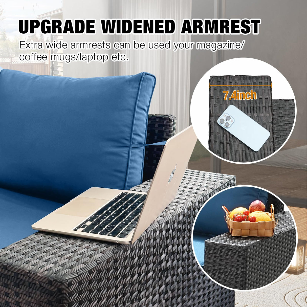 JOYURE 5 Pieces Patio Furniture Set All-Weather Outdoor Wicker Sectional Conversation Sofa Rattan Patio Seating Sofa with Cushion and Glass Table and Ottoman for Porch Poolside,Peacock Blue JOYURE