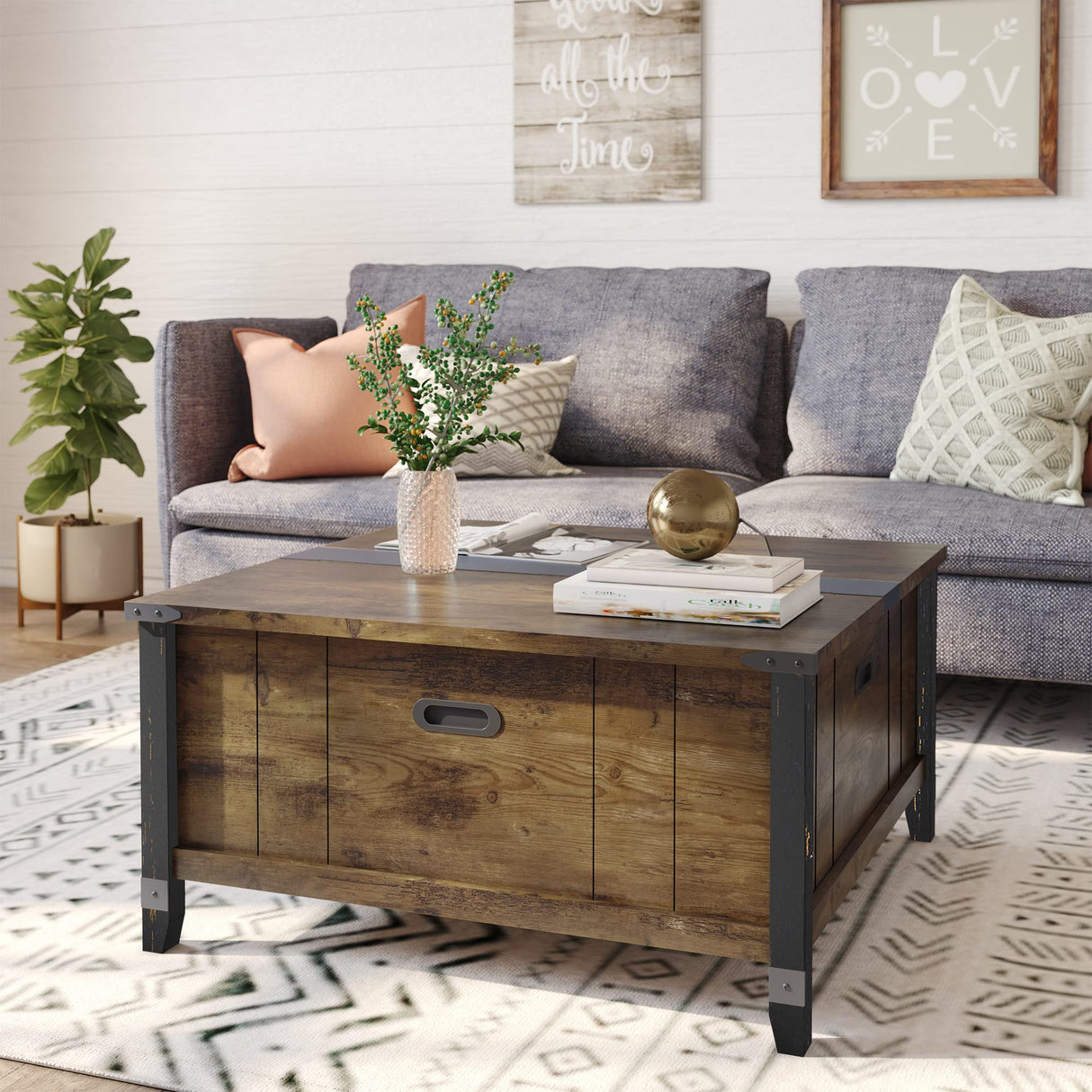 Bestier Farmhouse Coffee Table, Square Wood Center Table with Large Hidden Storage Compartment for Living Room, Rustic Cocktail Table with Hinged Lift Top for Home,Rustic Brown Bestier
