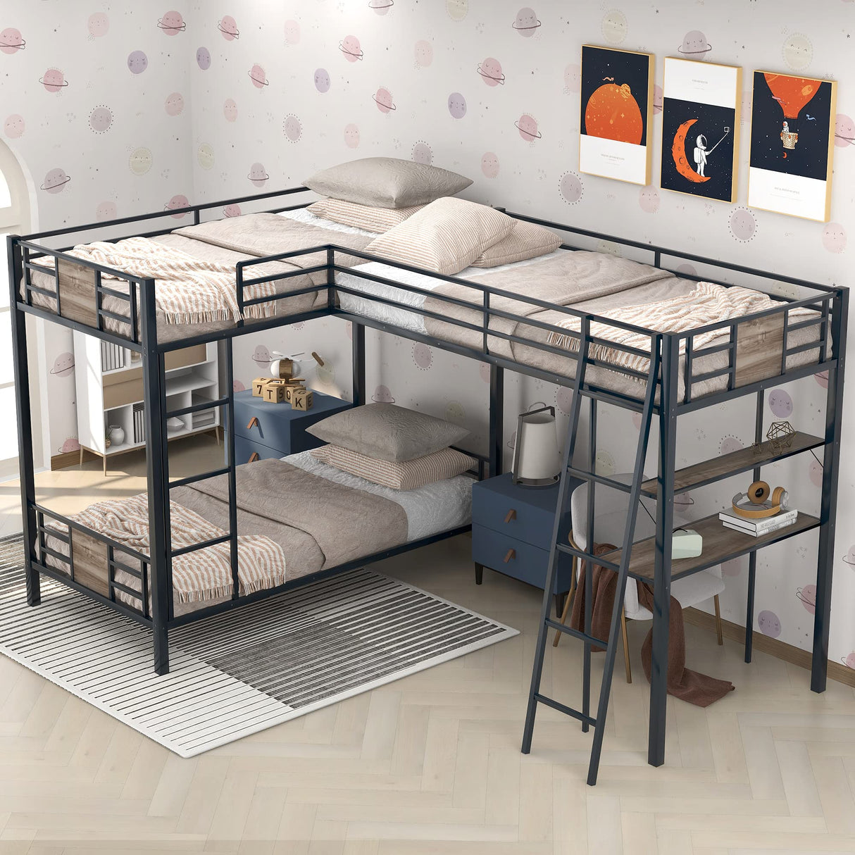 Polibi L-Shaped Metal Corner Bunk Bed with Two Ladders, Twin Over Twin Bunk Bed with Twin Loft Bed w/Desk and Shelf Polibi