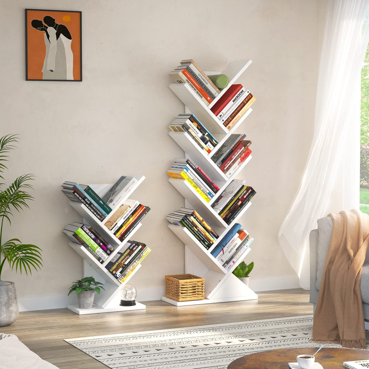 Topfurny Tree Bookshelf, 9-Tier Shelf Rustic Brown Bookcase, Retro Wood Storage Rack for CDs/Movies/Books, Anti-Fall Utility Organizer Shelves for Living Room, Bedroom, Home Office, White Topfurny