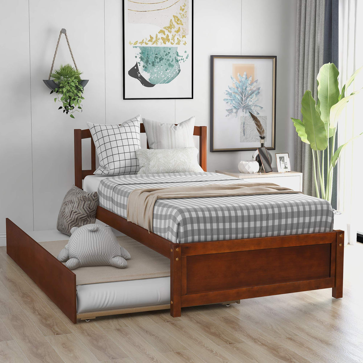 Ball & Cast Trundle Bed Twin,Twin Trundle Bed Frame Roll Out,Solid Wood Bed Frames with Headboard and Wooden Slats Support,for Bedroom,Guest Room,Apartment,Walnut Ball & Cast