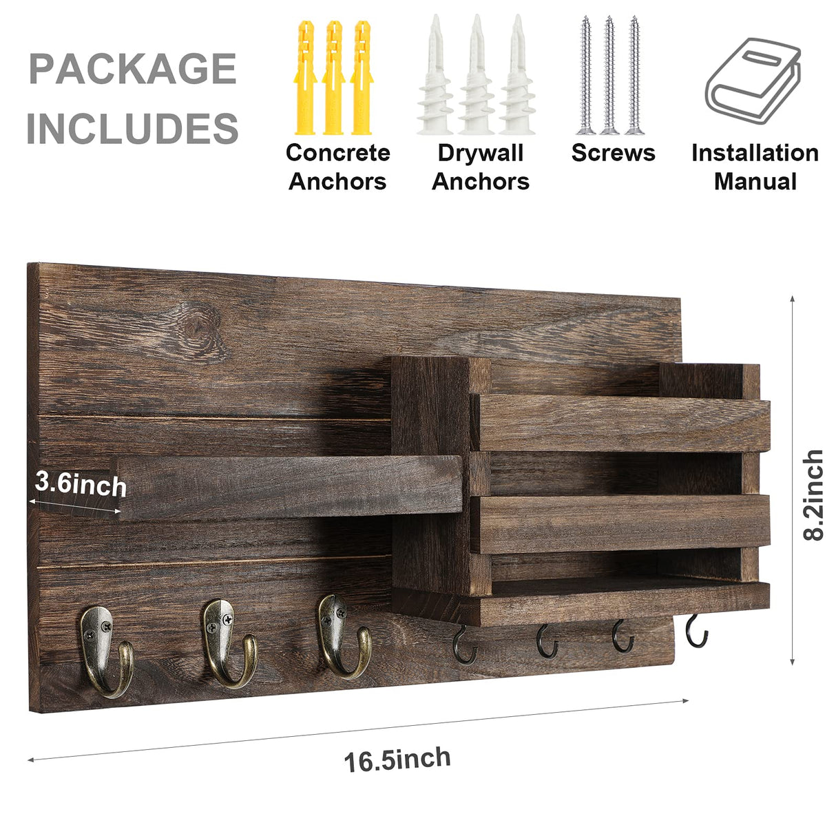 Lwenki Mail Organizer for Wall Mount – Key Holder with Shelf Includes Letter Holder and Hooks for Coats, Dog Leashes – Rustic Wood with Flush Mounting Hardware (16.5” x 8.7” x 3.5”) Lwenki