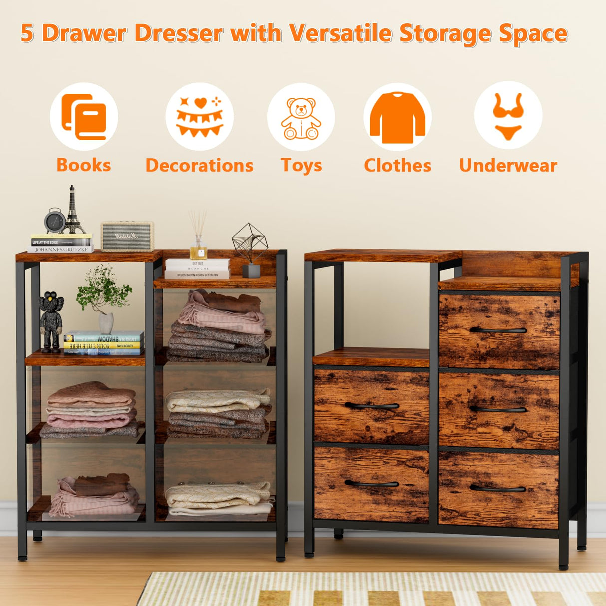 Furnulem 5 Drawer Rustic Brown Dressers for Bedroom 2 Tier Shelf Storage Small Fabric Dresser for Closet Sturdy Metal Frame Modern Style Storage Cabinets Organization Units for Hallway Rooms Furnulem