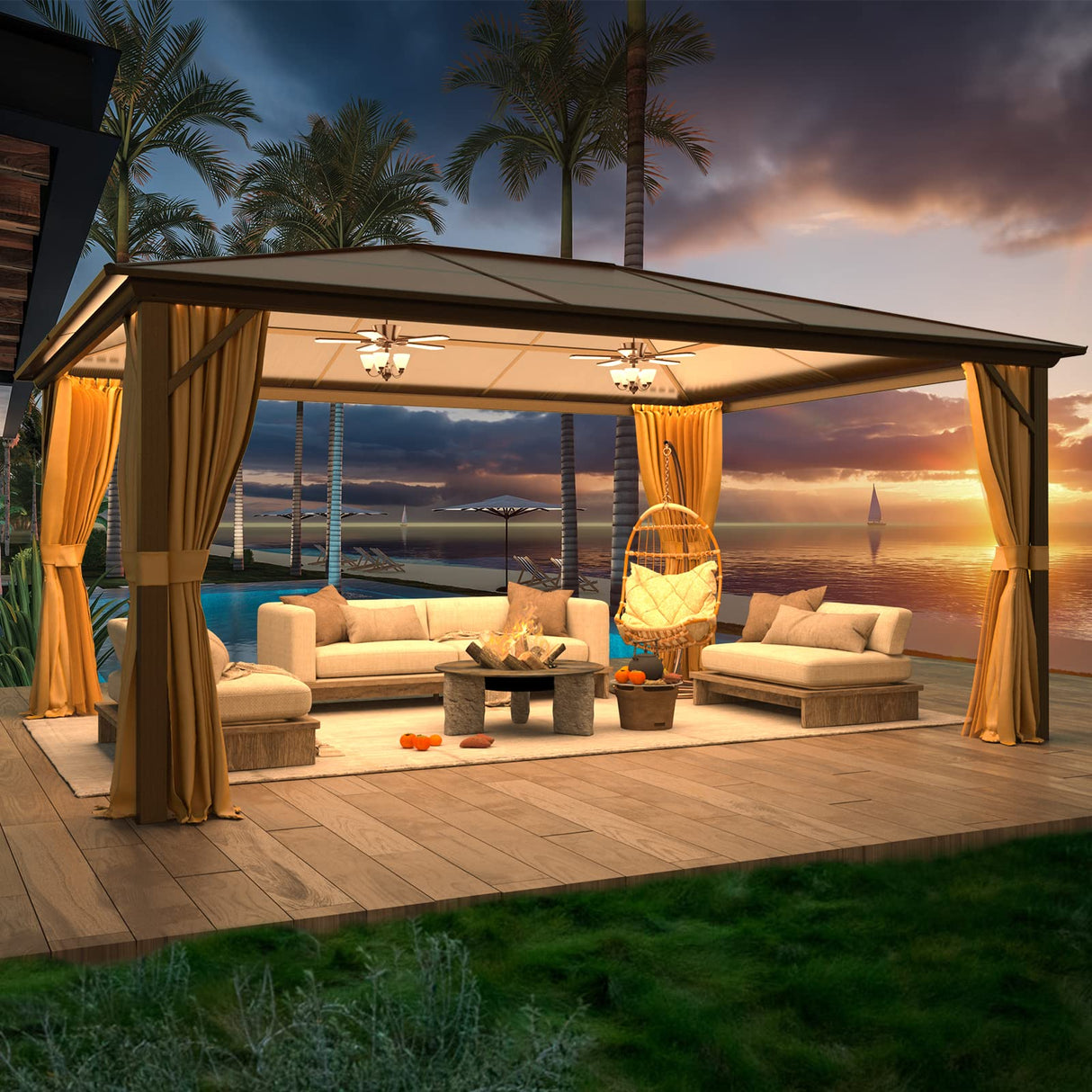 YOLENY 12'x16' Hardtop Gazebo, Outdoor Polycarbonate Roof Canopy, Aluminum Frame Permanent Pavilion with Curtains and Netting, Sunshade for Garden, Patio, Lawns, Khaki YOLENY