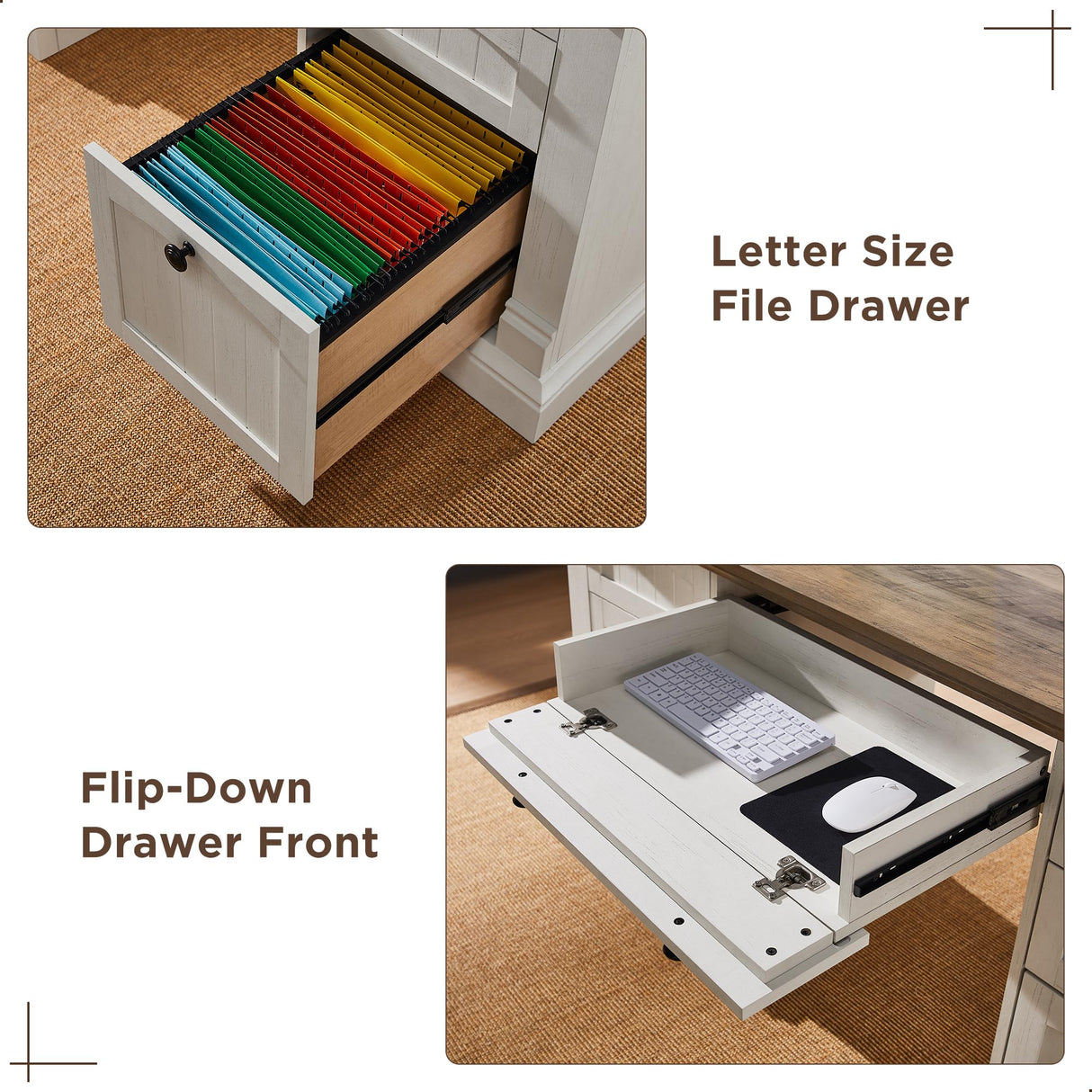 OKD 60" Executive Desk with Drawers, Farmhouse Home Office Desk with Charging Station, Keyboard Tray, File Cabinet Storage, Wood Computer Desk for Work and Study, Antique White OKD