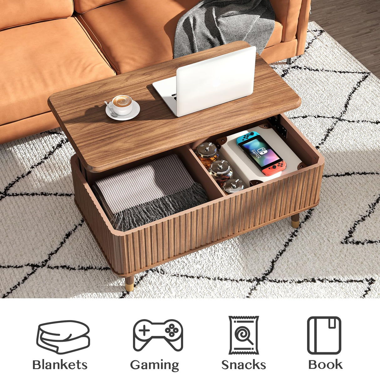 JOINICE,Lift Top Coffee Table with Storage,Mid Century Modern Coffee Table,Fluted Wood Coffee Table,Multi-Functional Center Table for Living Room,Convenient for Dining,Gaming,or Working,Walnut JOINICE