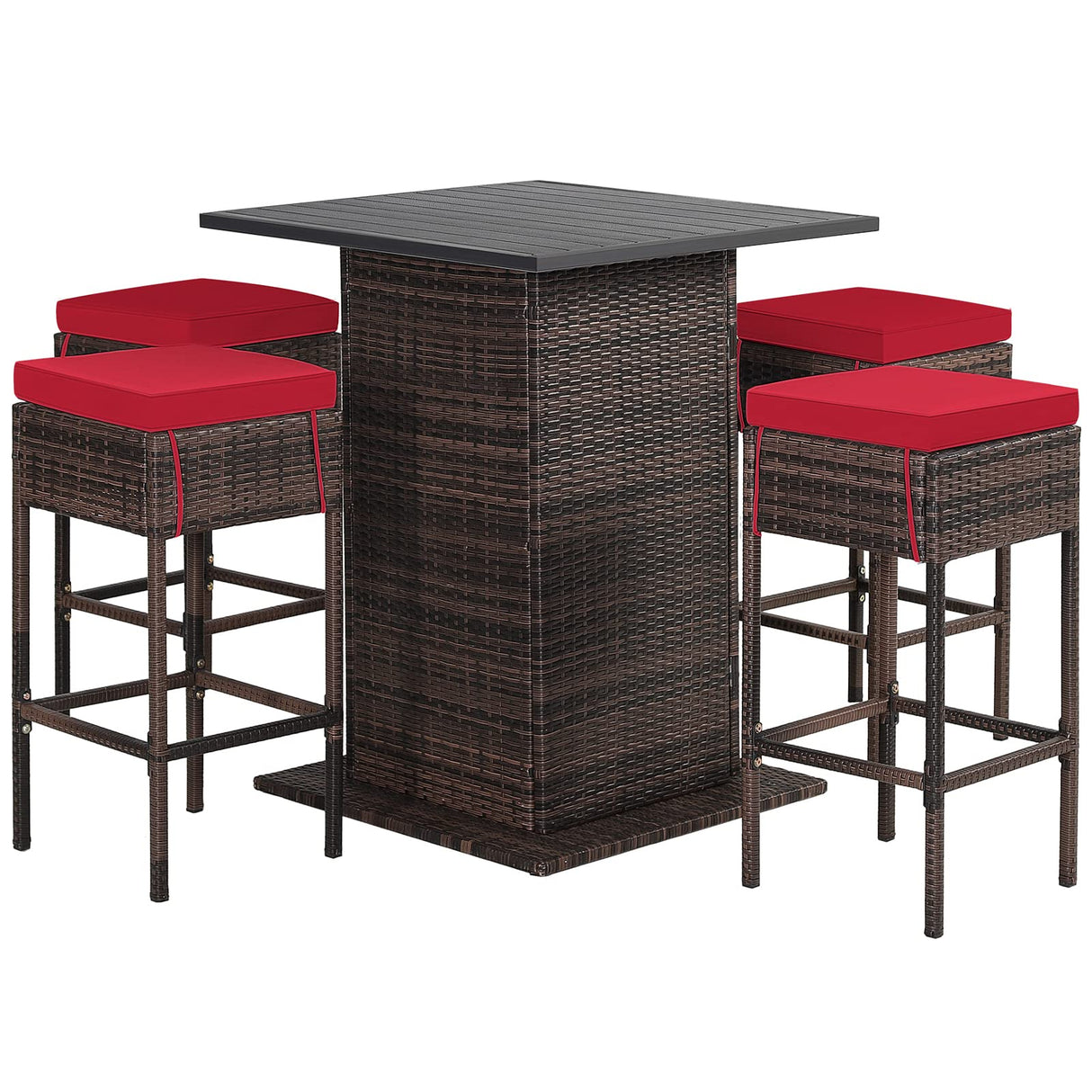 RELAX4LIFE 5-Piece Weatherproof Red Wicker Bar Set with Storage & Cushions for Outdoor Dining RELAX4LIFE