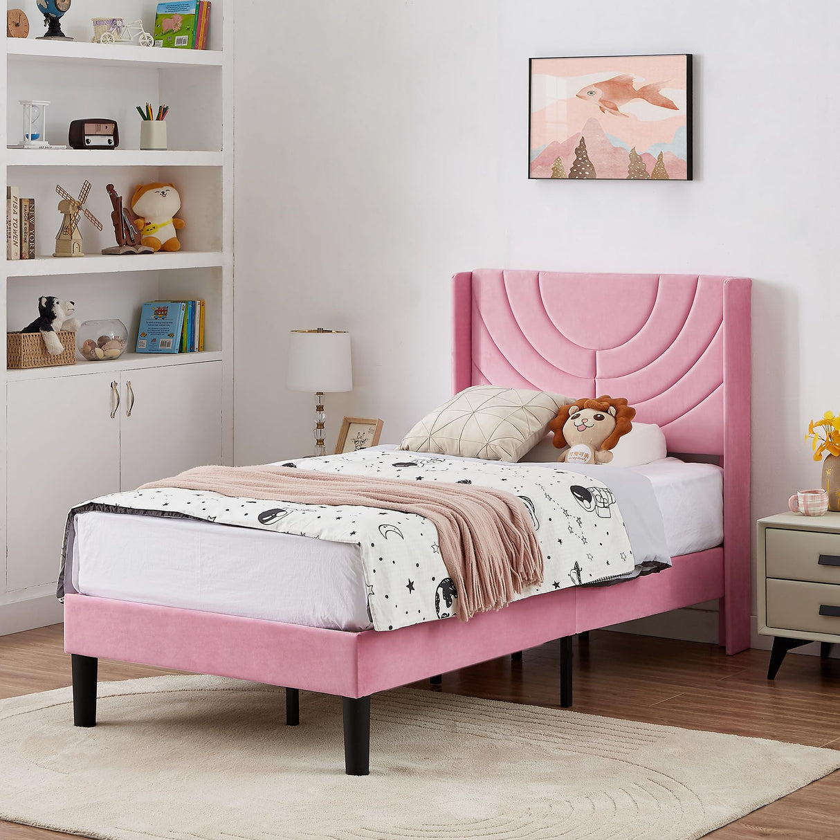 VECELO Twin Upholstered Platform Bed Frame with Fabric Headboard,Wooden Slats Support/No Box Spring Needed/Mattress Foundation for Girls,Boys,Pink VECELO