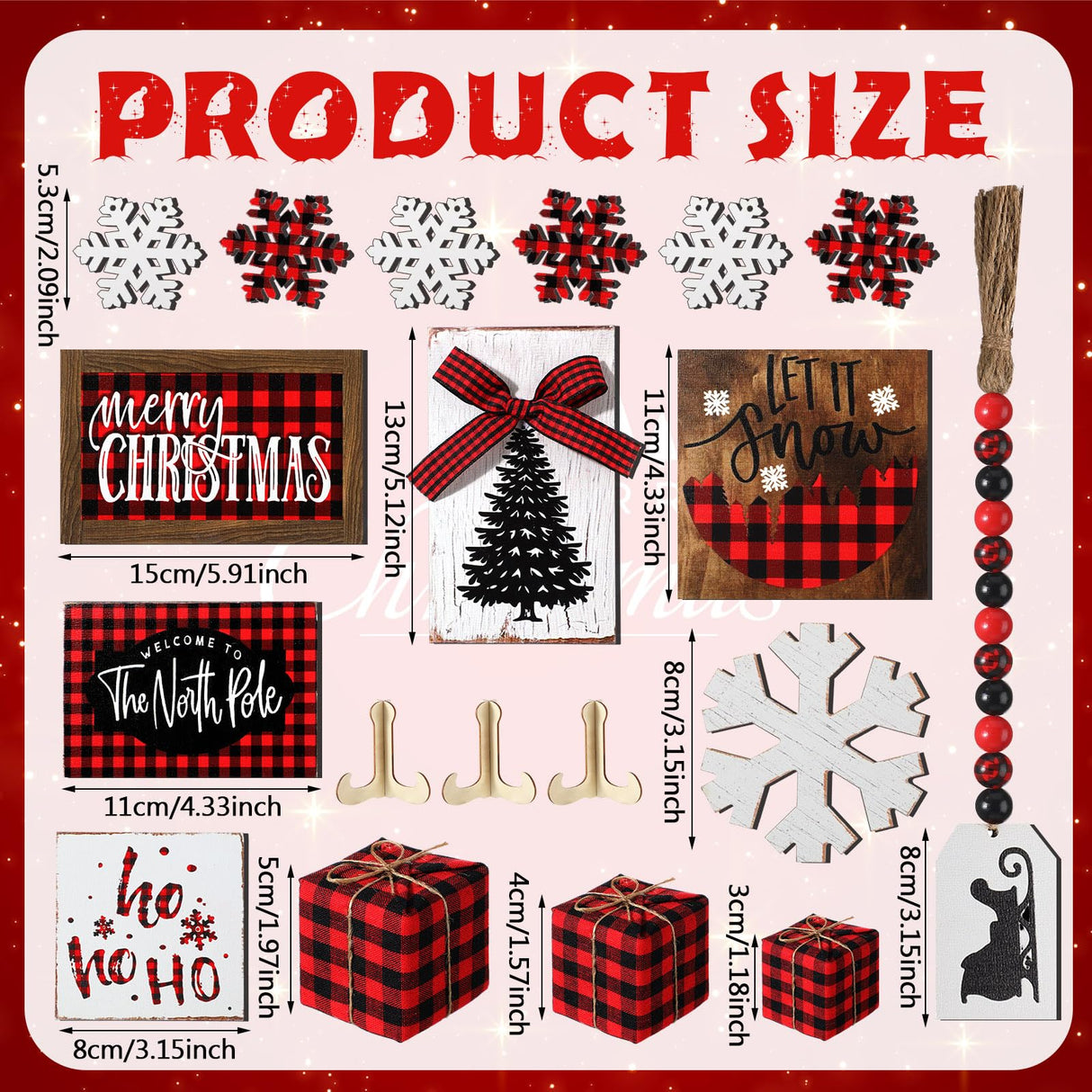 GlikCeil 20 Pcs Rustic Christmas Tiered Tray Decor Red and Black Buffalo Plaid Wooden Tiered Tray Decor for Farmhouse Christmas Winter Snowflake Wooden Table Centerpiece Sign Xmas Gift for Home Shelf GlikCeil