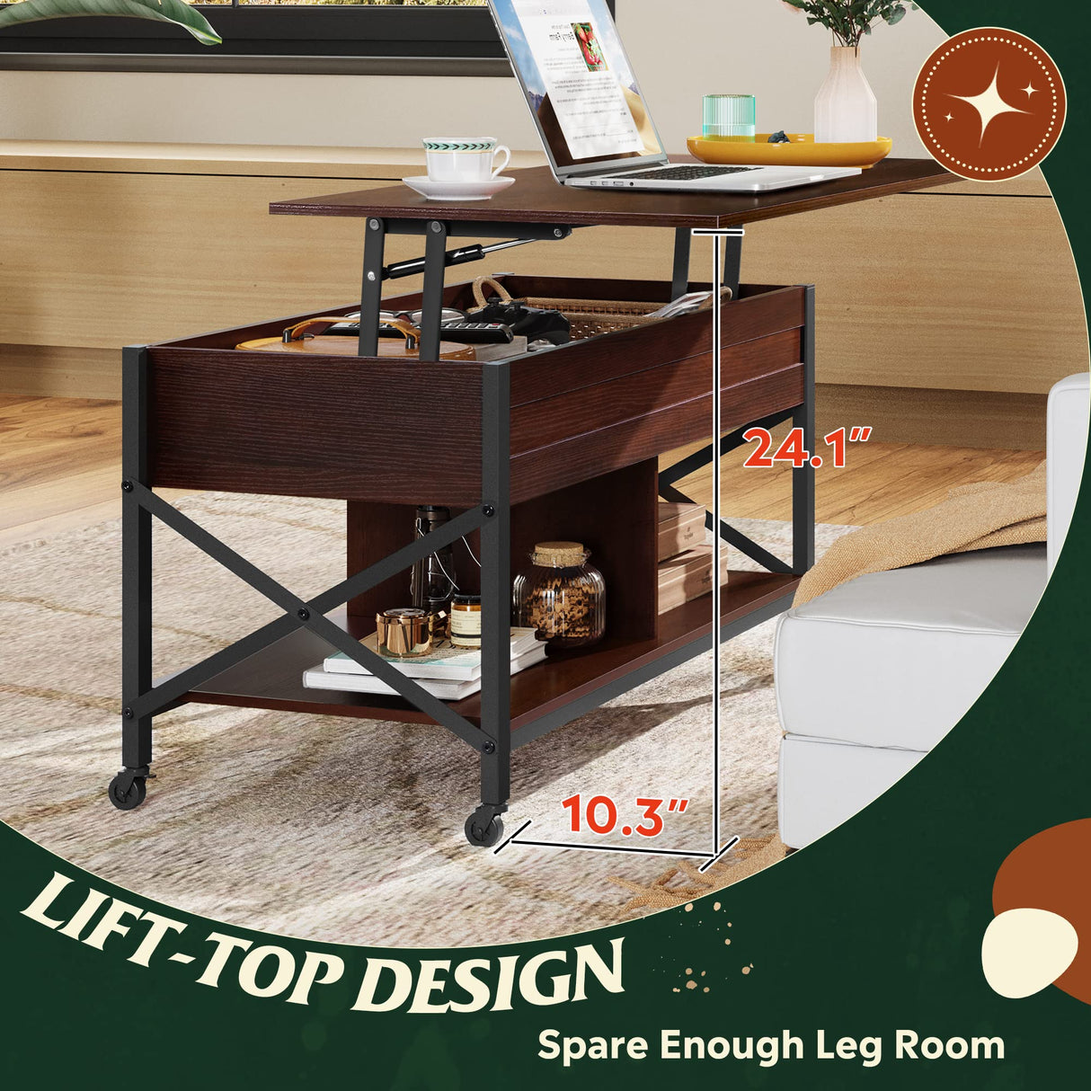 WLIVE Lift Top Coffee Table for Living Room, Coffee Table with Storage, Hidden Compartment and Metal Frame, Central Table with 4 Casters for Reception Room, Espresso WLIVE