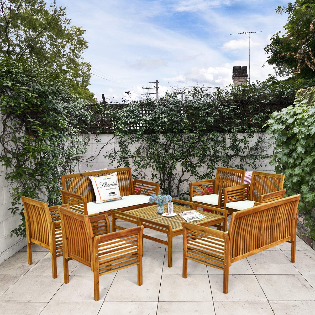 Tangkula 8 Piece Outdoor Acacia Wood Sofa Set w/Water Resistant Cushions, Padded Patio Conversation Table Chair Set w/Coffee Table for Garden, Backyard, Poolside (2) Tangkula