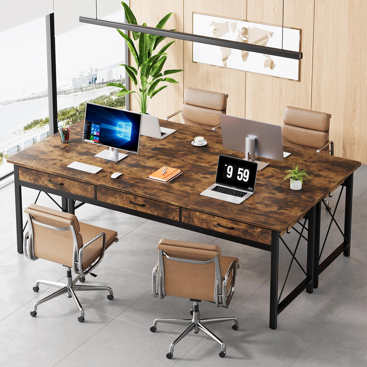 Condemo 78.7 inch Extra Long Computer Desk, Two Person Desk with 3 Drawers, Double Desk with Hooks, Industrial Writing Study Table Workstation for Home Office, Rustic Brown and Black Condemo