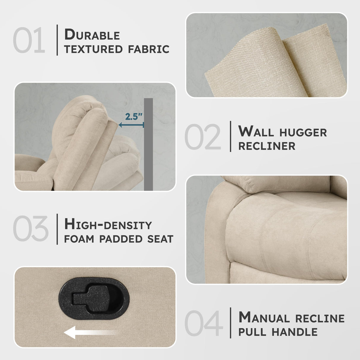 Lexicon Manual Recliner Sofa Chair, Home Theater Seating, Wall Hugger Manual Reclining Nursery Chair for Bedroom/Living Room/Office/Apartment, Oatmeal Textured Fabric Lexicon