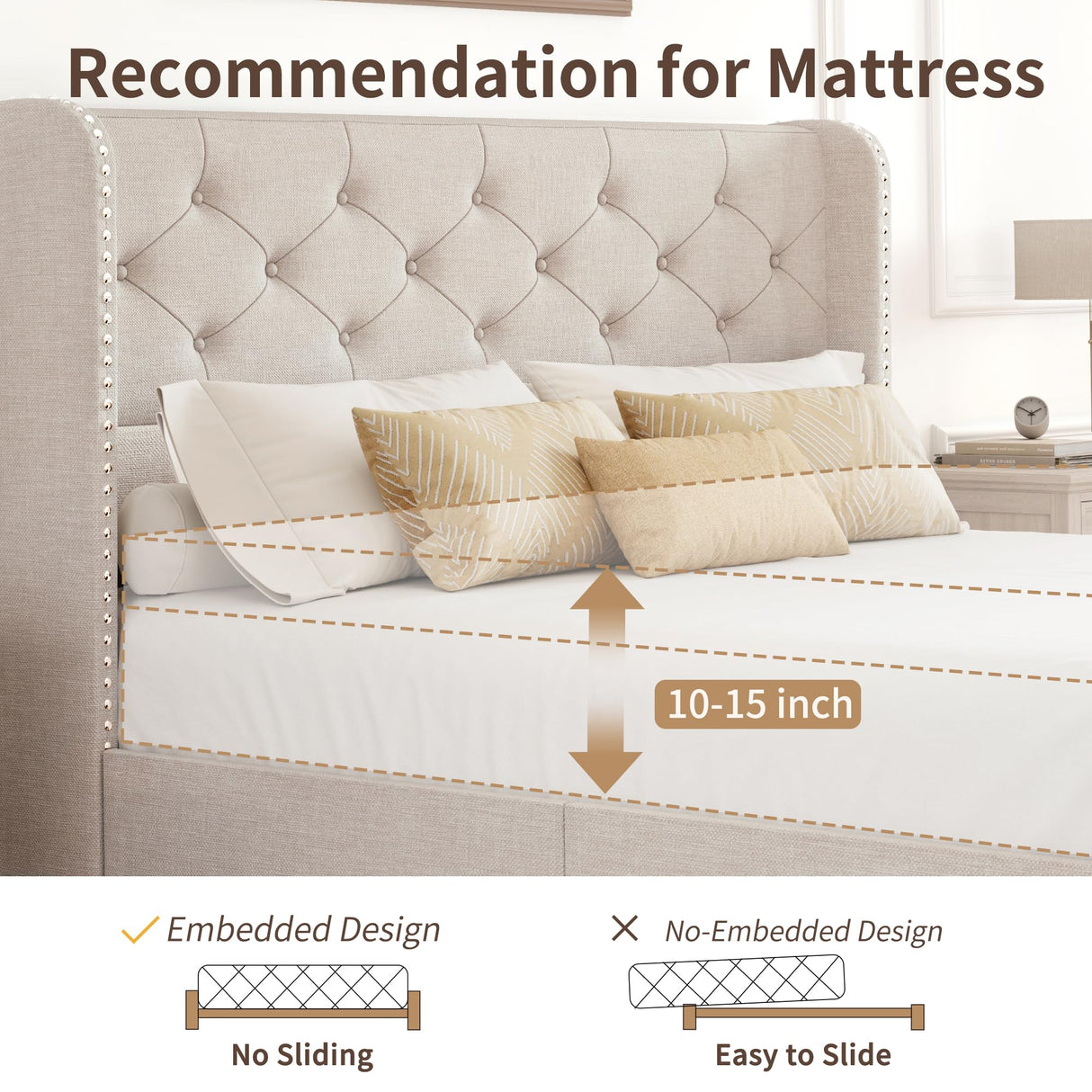 BRELTAM Full Size Bed Frame with Storage Drawers and Wingback Headboard Linen Upholstered Platform Bed Frame Tufted Beds with Heavy Duty Wood Slats, Noise Free, Easy Assembly, Beige BRELTAM