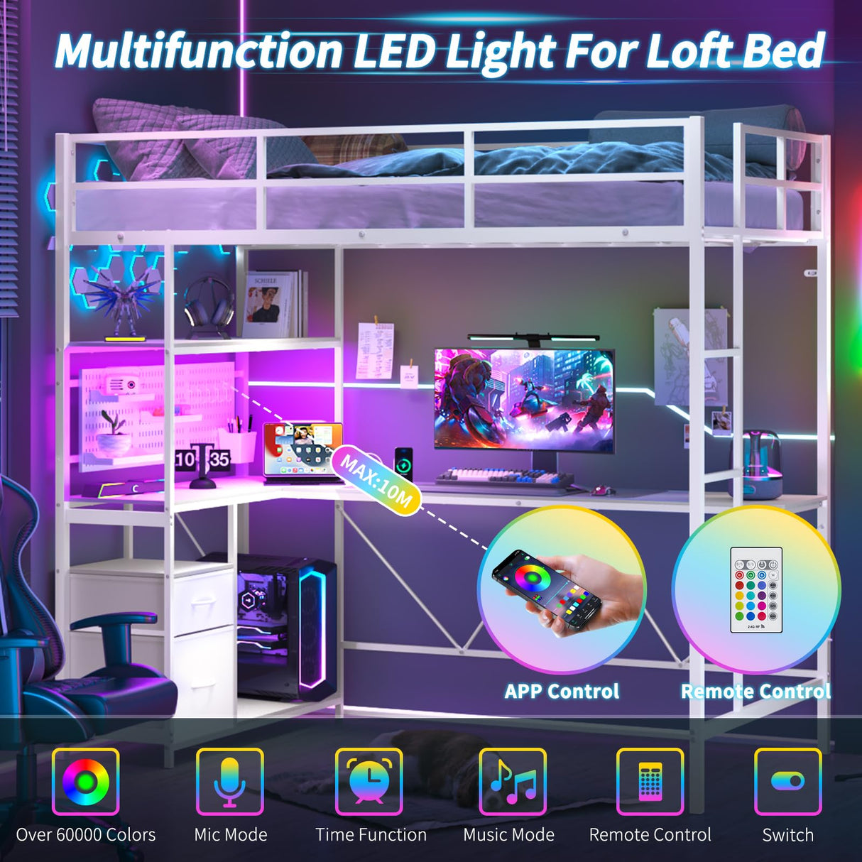 Yoobure White Twin Loft Bed with L-Shape Desk, Charging Station & LED Lights Yoobure