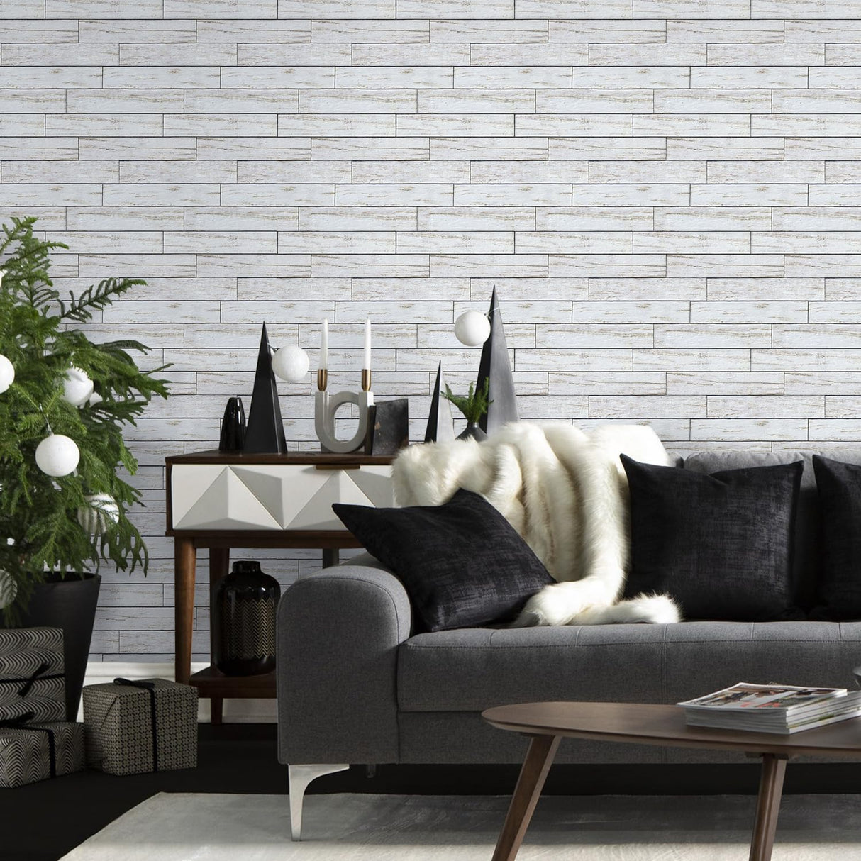 COMSTICKC 3D White Wood Wall Panels, Faux Wood Peel and Stick Shiplap Wall Panels,10 Pcs of 12"X12", Thin PVC White Wood Adhesive Fake Wood Backsplash,Paintable Decorative Tiles COMSTICKC