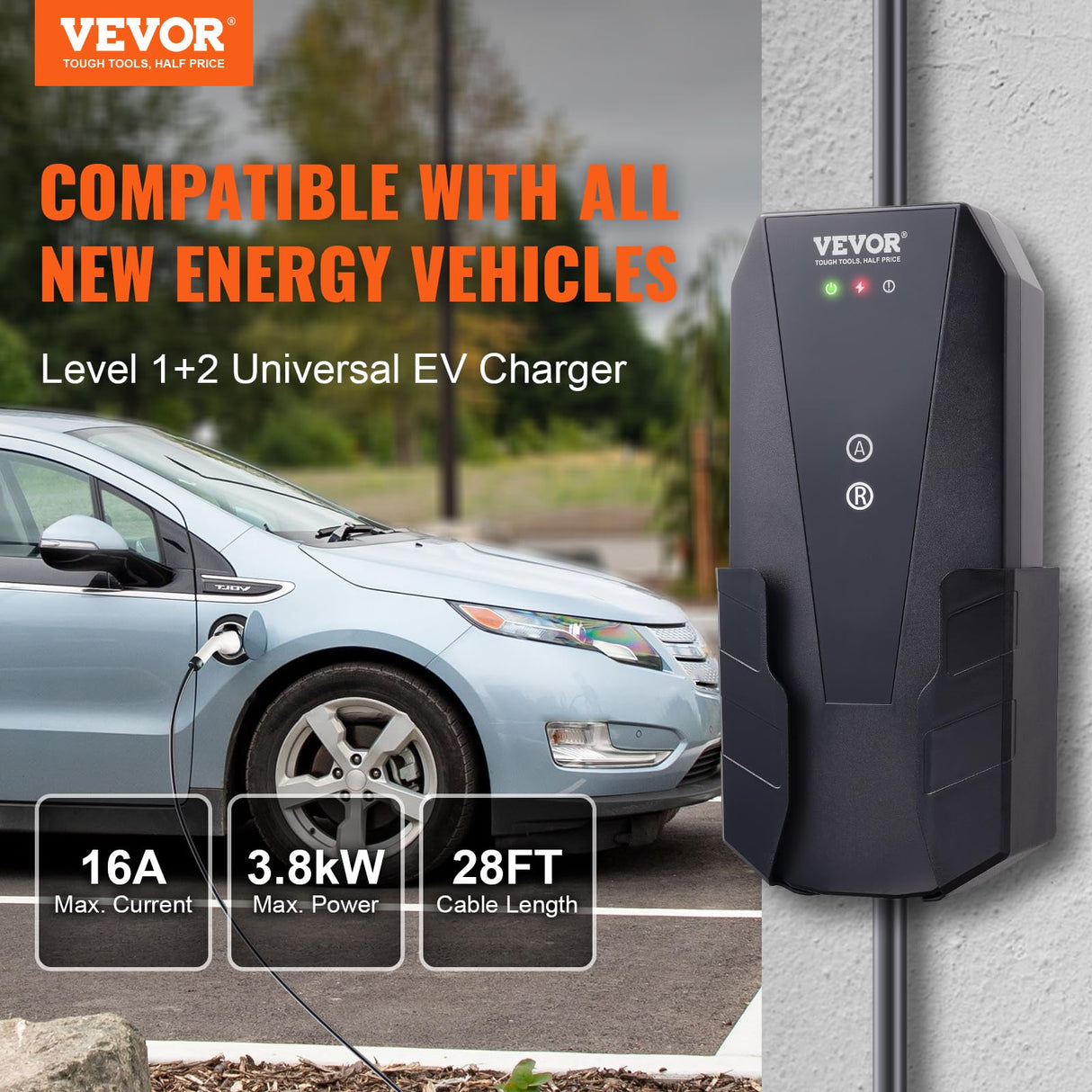 VEVOR Level 1+2 Portable EV Charger, 16 Amp 120V or 240V, Electric Vehicle Charger with 28-Foot Charging Cable NEMA 6-20P Plug NEMA 5-15 Adapter, Plug-in Home EV Charging Station for SAE J1772 EVs VEVOR