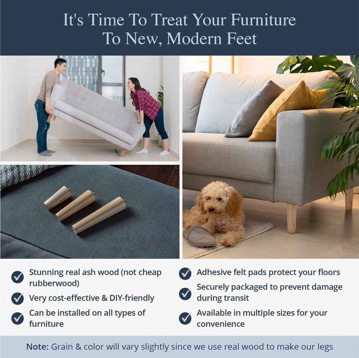 Ash Wood Furniture Legs - Premium Mid Century Legs for Sofa, Chair, Table, Dresser, Bed, Cabinet, Ottoman - Our Wooden Legs Are Easy To Install & Include Installation Hardware - Set of 4, 10 Inches Airy Abode