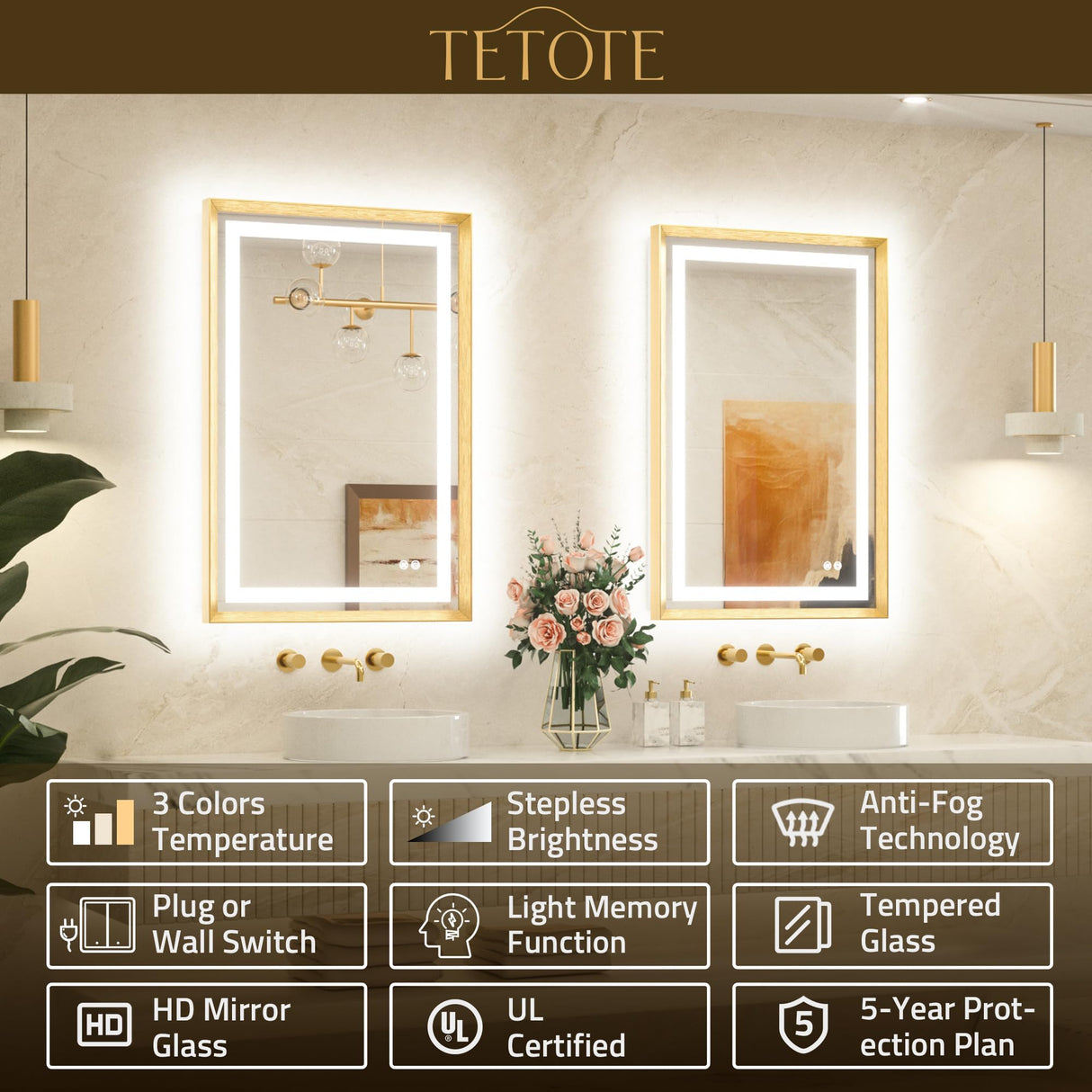 TETOTE 22 x 30 Bathroom LED Mirror Brushed Gold Metal Frame Frontlit & Backlit Vanity Mirror Anti-Fog Stepless Dimmable 3 Colors White/Warm/Natural Mirror with Lights Wall-Mounted TETOTE