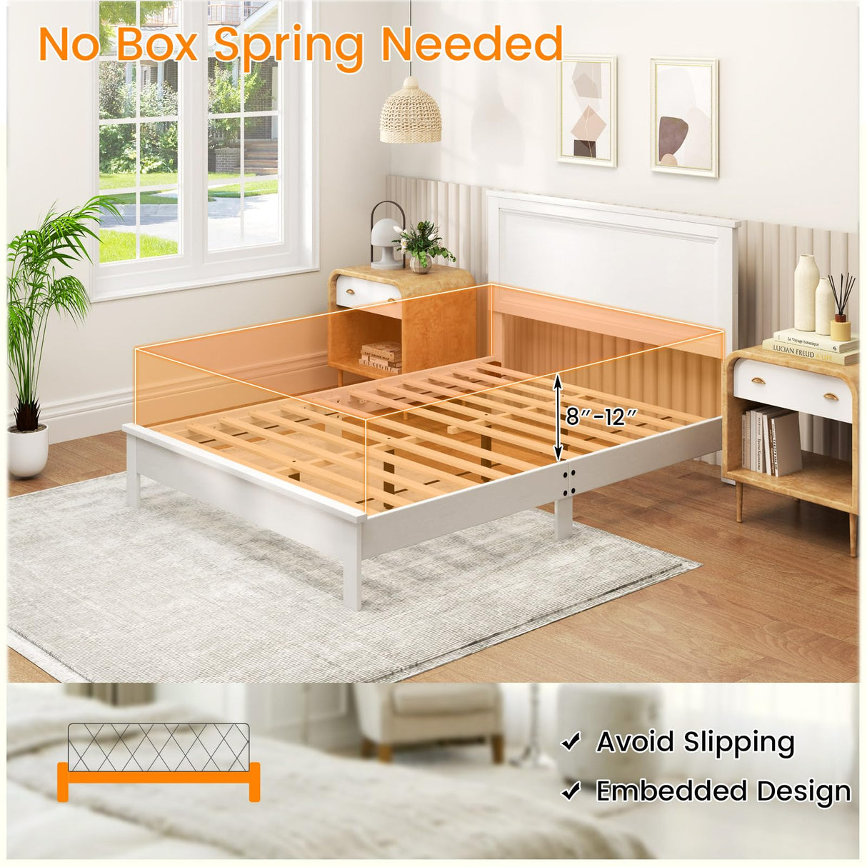 KOMFOTT Full Size Wood Platform Bed Frame with Headboard, Wooden Mid Century Platform Bed with Slat Support & Under Bed Storage, Mattress Foundation Bed Base, No Box Spring Needed, White KOMFOTT
