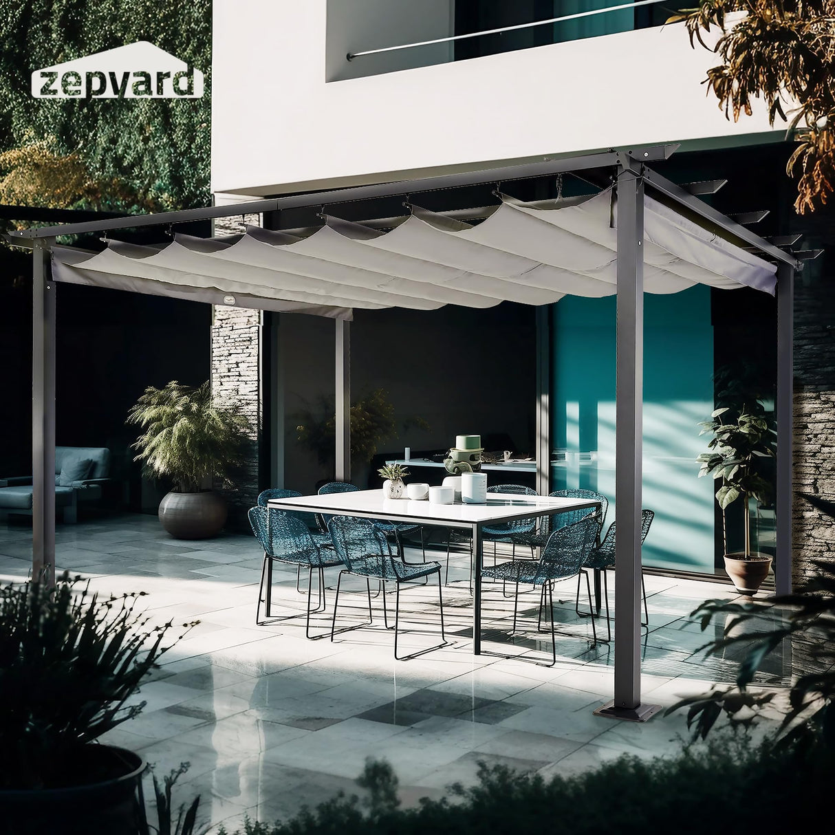 ZEPYARD 10X13 FT Outdoor Pergola, Aluminum Pergola with Sun Shade Retractable Canopy, Patio Retractable Pergola for Deck, Backyard, Grill (Grey) ZEPYARD