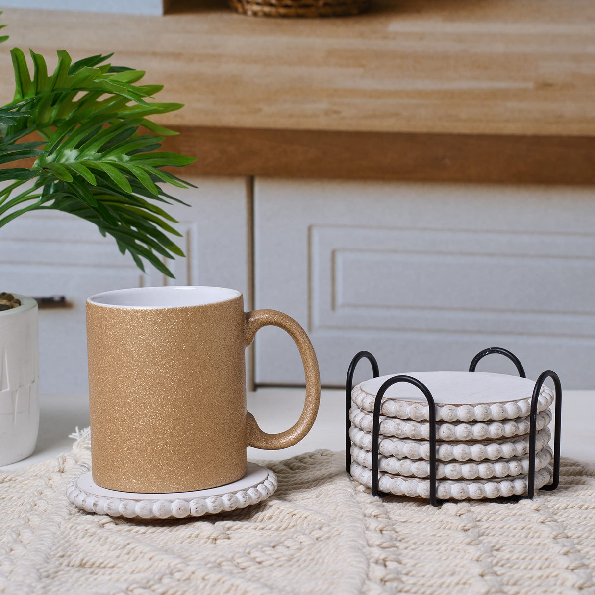 GENMOUS 6 Pack Farmhouse Wooden Bead Coasters with Metal Holder for Coffee Table Decor, Round Handmade Cup Coasters Set for Drinks Absorbent, Rustic Cute Coasters for Home Kitchen Table Décor GENMOUS & CO.